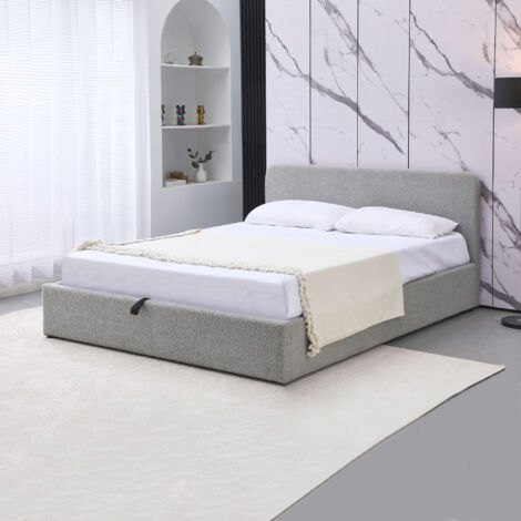 M&S – Lit coffre 160x200 cm en tissu bouclette – Tête de lit incluse – Sommier à lattes – Espace de rangement sous le lit