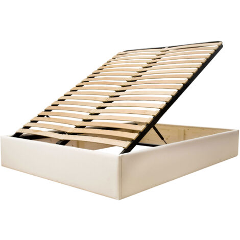 M&S – Lit coffre 160x200 cm en tissu coton écru – Structure en bois massif – Coffre de rangement intégré – Hauteur 28 cm