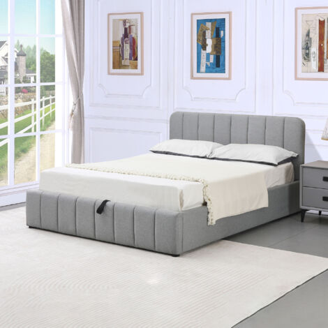 M&S – Lit coffre 160x200 cm en tissu gris – Tête de lit incluse – Sommier à lattes en bois de peuplier – Rangement intégré