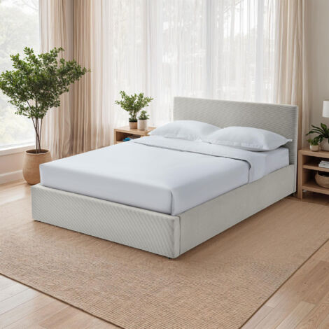 M&S – Lit coffre 160x200 cm en velours côtelé beige – Sommier à lattes en contreplaqué – Tête rectangulaire – Rangement intégré