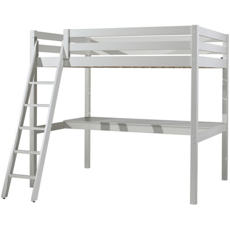Lit mezzanine 140x200 avec bureau en pin massif blanc – Hauteur sous le lit 145 cm – Sommier inclus – Fabrication belge