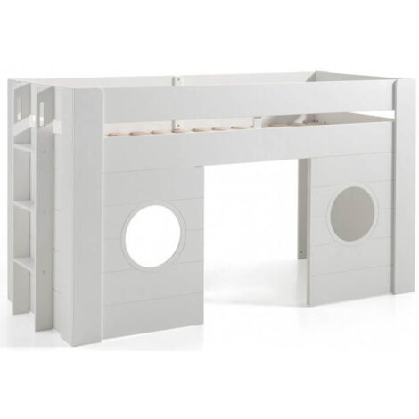 M&S – Lit mezzanine 90x200 cm avec cabane – Bois MDF laqué blanc – Hauteur 120 cm – Espace de jeu sous le lit – Normes de sécurité EN 71-3