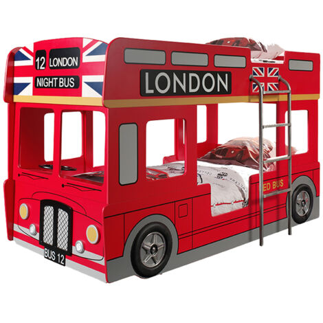 M&S – Lit superposé bus londonien 90x200 cm – MDF rouge – Éclairage LED intégré – Gain de place pour chambre d'enfant