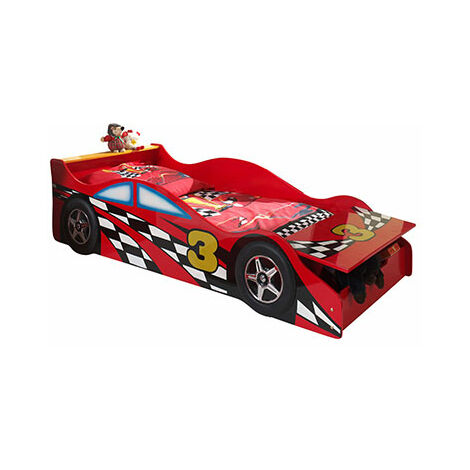 M&S – Lit voiture coffre 70x140 cm rouge – Sommier inclus – Rebord latéral pour sécurité – Panneaux de particules laqués