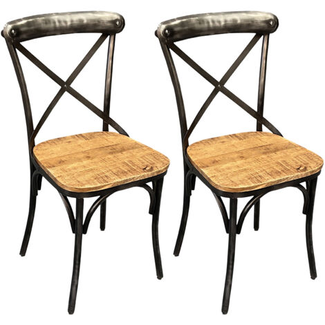 M&S – Lot de 2 chaises bistrot 41x41x90 cm – Assise en bois ciré – Structure en fer noir – Style vintage pour cuisine et salle à manger