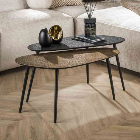 M&S – Lot de 2 tables basses galets 84 cm – Bois et métal gris foncé et bronze – Dimensions 84 x 39 x 42 cm et 84 x 39 x 39 cm – Livré monté