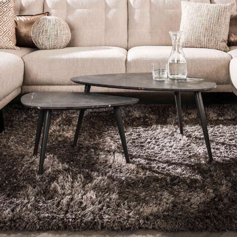 M&S – Lot de 2 tables basses gigognes forme galet 80 et 60 cm – Plateau en bois avec résine imitation céramique – Pieds en acier inclinés