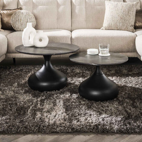 M&S – Lot de 2 tables basses rondes effet céramique marbre noir – Plateaux en mélamine et résine – Pieds en métal – Dimensions 60x60x40cm et 50x50x35cm