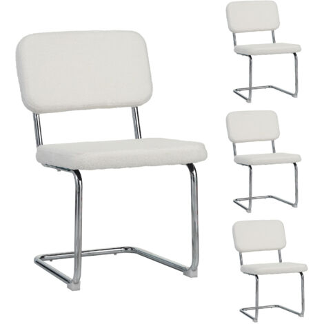 M&S – Lot de 4 chaises de repas en tissu bouclette blanc – Piètement en métal chromé – Dimensions 59x52x87cm – Confort élégant pour salle à manger