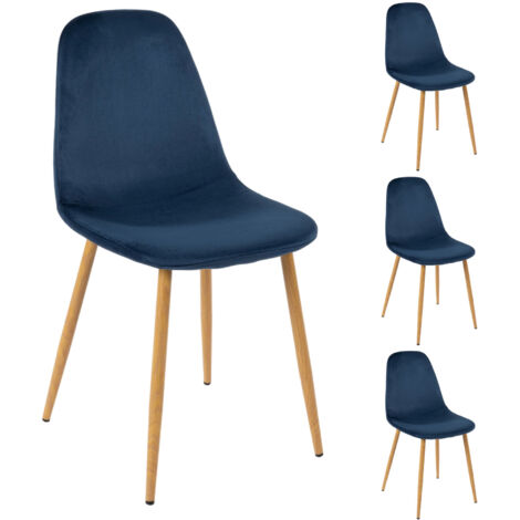 M&S – Lot de 4 chaises en velours bleu et naturel 50x44x86 cm – Dossier arrondi – Pieds en métal – Confort optimal pour salle à manger