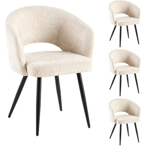 M&S – Lot de 4 chaises repas en tissu bouclette écru – Assise rembourrée confortable – Piétement métal noir – Dimensions 58x53x81 cm