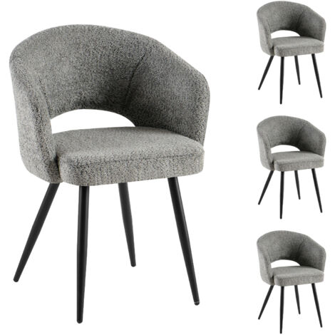 M&S – Lot de 4 chaises repas en tissu bouclette gris – Pieds en métal noir – Dimensions 58x53x81 cm – Confort d'assise optimal