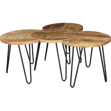 M&S – Lot de 4 tables basses rondes 50x40 cm – Manguier massif et acier laqué – Design empilable pour agencement flexible – Couleur naturelle et noire