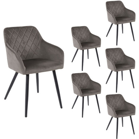 M&S – Lot de 6 chaises en velours gris 59x56x82 cm – Assise rembourrée – Pieds en métal noir – Pour salle à manger moderne