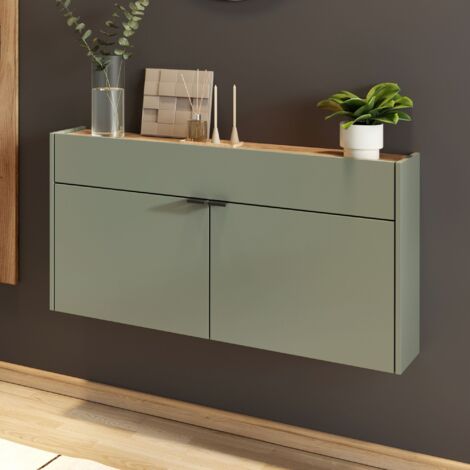 M&S – Meuble à chaussures suspendu 110x22x57 cm kaki – Construction en panneaux de particules mélaminés – 4 étagères réglables – Amortisseur de fermeture