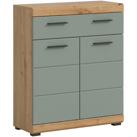 M&S – Meuble bas de salle de bain 74x31x88 cm en panneaux de particules chêne brun et kaki – Double porte et grand tiroir
