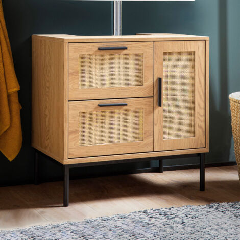 M&S – Meuble sous vasque 3 portes 60x40x60 cm effet chêne et rotin – Compartiments optimisés pour vasque standard – Structure en panneaux agglomérés