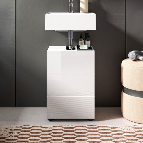 M&S – Meuble sous vasque simple 1 porte blanc brillant – Dimensions compactes pour rangement sous lavabo – Finition en mélamine élégante