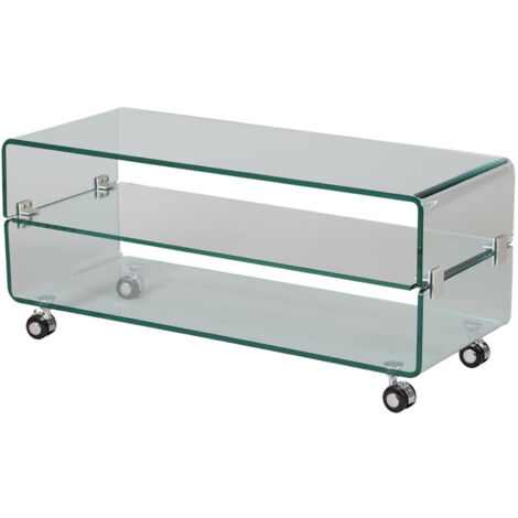 M&S – Meuble TV en verre transparent 100x40x44 cm avec roulettes – 40 kg max – Design épuré pour salon moderne – Prêt à monter