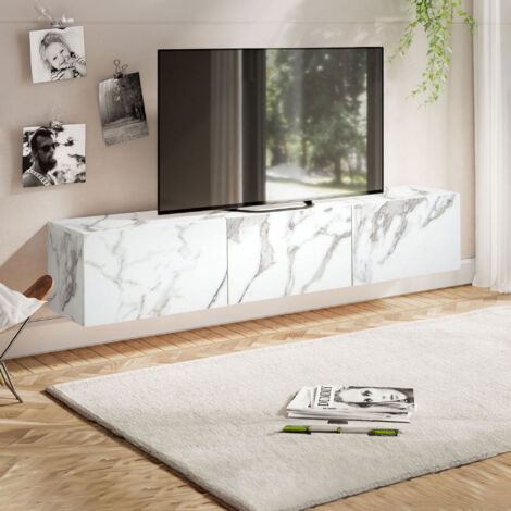 M&S – Meuble TV suspendu 3 portes 160x30x30 cm en résine mélaminée effet marbre blanc – Compatible avec téléviseurs jusqu'à 70 pouces