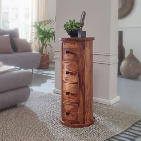 M&S – Range CD 4 tiroirs en bois de Sheesham – Dimensions 35x35x85 cm – Poignées robustes – Meuble de rangement décoratif