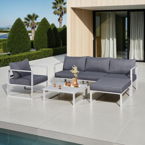 M&S – Salon de jardin en aluminium 4 places – Canapé 3 places, fauteuil, pouf – Table basse rectangle 75x71cm – Coussins déhoussables déperlants
