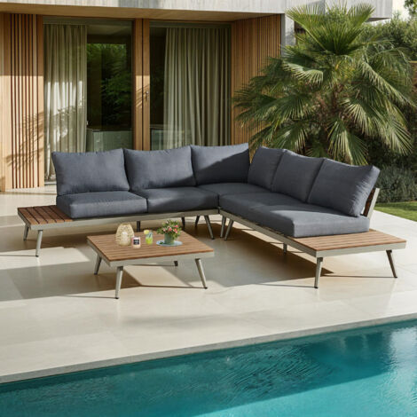 M&S – Salon de jardin en bois et aluminium 5 places – Table basse carrée 75x75cm – Coussins déhoussables déperlants – Structure robuste en aluminium