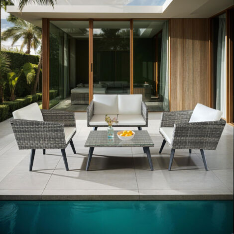 M&S – Salon de jardin en résine tressée et aluminium 4 places – Canapé 2 places et 2 fauteuils – Table basse avec plateau en verre sécurit