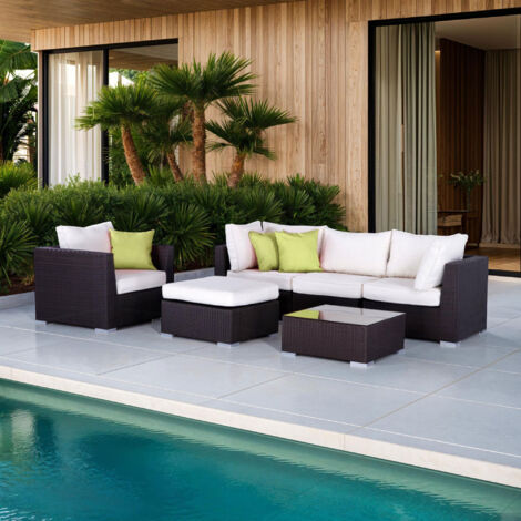M&S – Salon de jardin modulable 5 places en résine tressée chocolat – Coussins déhoussables écrus – Structure aluminium inoxydable – Usage intérieur/extérieur