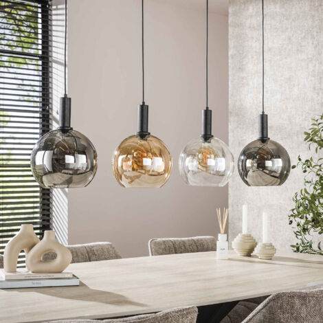 M&S – Suspension 4 lampes rondes 25 cm en verre ambré et chromé – Structure métal noir – Hauteur réglable jusqu'à 150 cm – Pour ampoules LED E27
