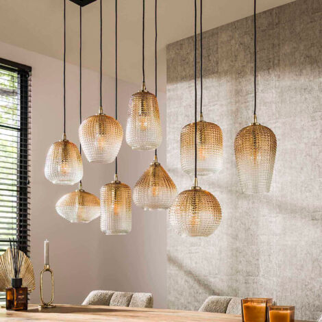 M&S – Suspension 9 lampes en verre ambré et métal – Dimensions 120x40x150 cm – Abat-jours réglables en hauteur – Plaque en métal rectangulaire