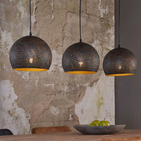 M&S – Suspension industrielle 3 lampes rondes 25 cm en métal noir – Câbles réglables en hauteur – Ampoule LED E27 recommandée – Éclairage chaleureux