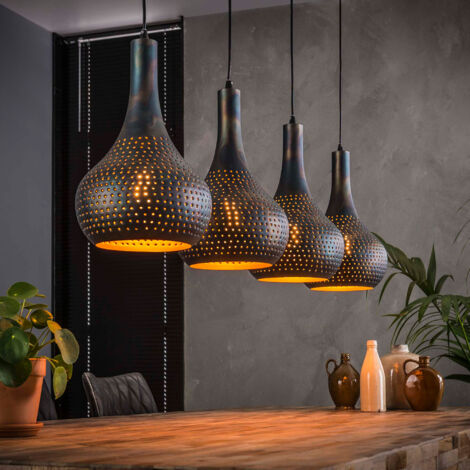M&S – Suspension industrielle 4 lampes coniques en métal gris noir – Dimensions 130x25x150 cm – Abat-jours perforés pour éclairage chaleureux