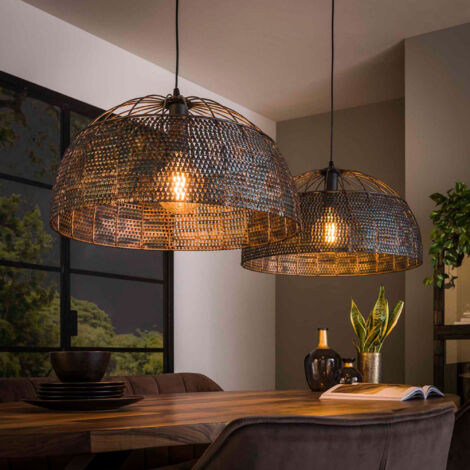 M&S – Suspension métal brun noir 140x60x150 cm – Abat-jour dôme 60 cm – Ampoules LED incluses – Éclairage industriel réglable