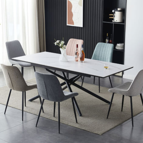 M&S – Table extensible rectangulaire 160/200x90x76 cm effet marbre blanc – Piétement métal entrecroisé – Pour grandes familles et réceptions