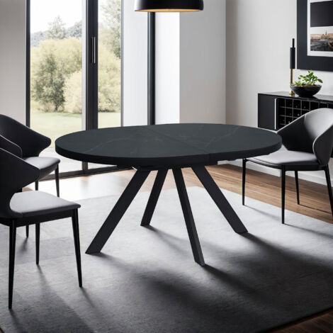 M&S – Table à manger extensible ovale 160-200 cm en céramique effet marbre noir – Pieds en métal anthracite – Surface résistante et facile à nettoyer