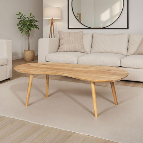 M&S – Table basse fixe 122 cm en teck massif naturel – Plateau asymétrique – Pieds inclinés pour stabilité – Ambiance moderne ou bohème