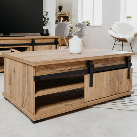 M&S – Table basse fixe 2 niches chêne clair 100x60x40 cm – Design vintage – Panneaux de particules robustes – Prête à monter