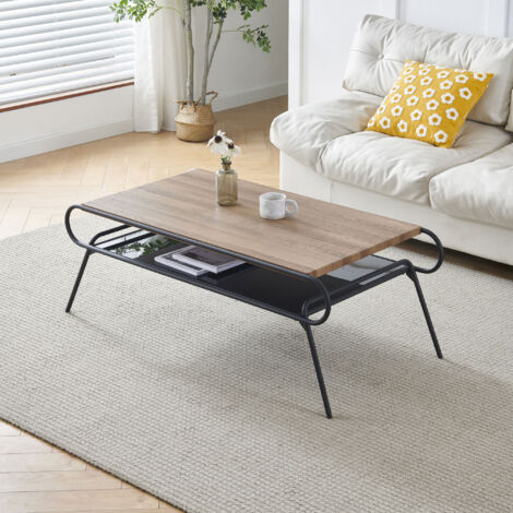 M&S – Table basse fixe 2 niveaux 120x60x45 cm – Plateau en verre trempé – Piétement métal noir – Design moderne pour salon contemporain