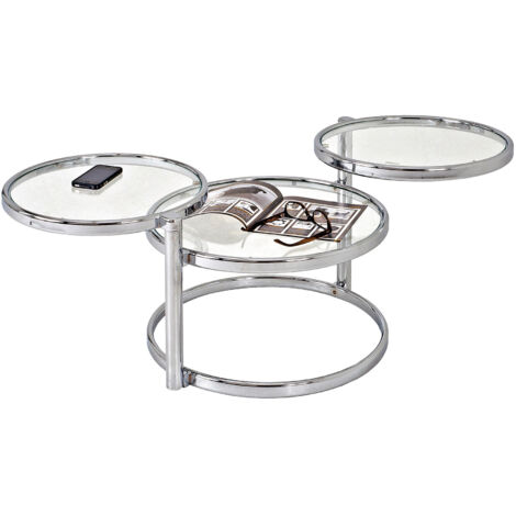 M&S – Table basse fixe 3 plateaux ronds en verre trempé et métal chromé – Dimensions 58x50x43 cm – Design contemporain pour salons modernes