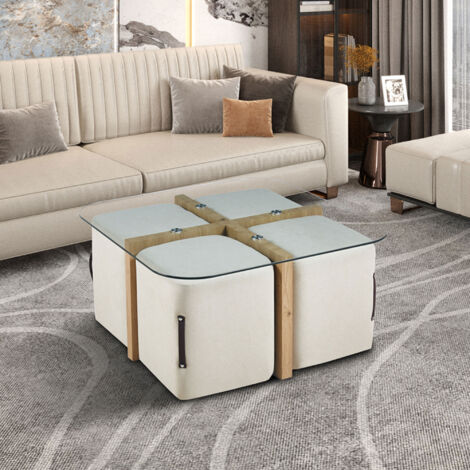 M&S – Table basse carrée 90x90x45cm – 4 poufs en tissu – Panneaux de particules et verre – Design moderne pour intérieur élégant