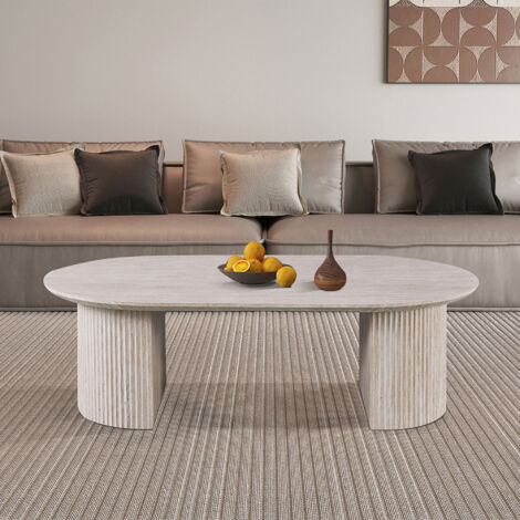 M&S – Table basse ovale 120x70x38 cm décor travertin beige – Panneaux de particules – Épaisseur plateau 2,5 cm – Prête à monter