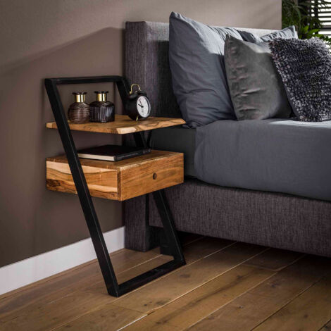 M&S – Chevet 1 tiroir en acacia et métal thermoplaqué – Dimensions 45x35x77 cm – Design flottant avec fixation murale