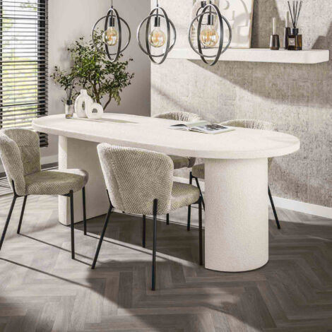 M&S – Table de salle à manger en marbre composite blanc 215x90x77 cm – Plateau rectangulaire avec bords circulaires – Pieds robustes pour usage familial