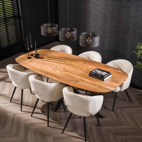 M&S – Table de salle à manger rectangulaire 215x105 cm – Acacia naturel et métal – Angles arrondis – Piètement étoilé
