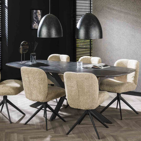 M&S – Table de salle à manger rectangulaire 215x105x77 cm – Plateau effet marbre noir-brun – Pieds en acier ergonomiques – Élégance durable