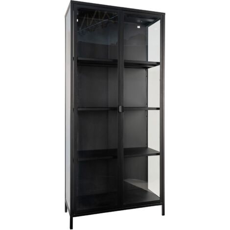 M&S – Vitrine en verre et acier 175 cm – Noir – 4 étagères ajustables – Pour rangement vaisselle et objets décoratifs