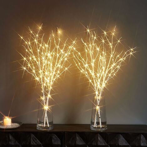 MSBD Éclairage à piles avec minuterie Lot de 2 branches de bouleau avec lumières blanches chaudes pour décoration de vacances et de fête