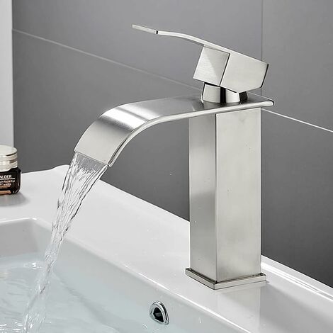 MSBD Robinet de lavabo de salle de bain cascade, baignoire en céramique avec tuyau d'eau chaude et froide robinet en acier inoxydable brossé
