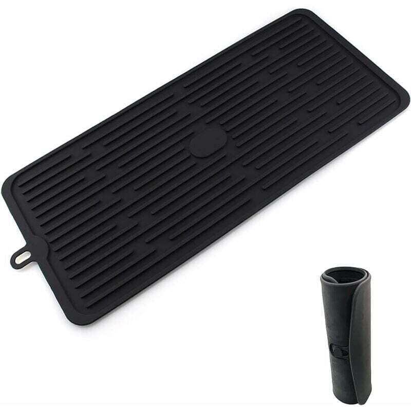 Tapis d'égouttage pour cuisine, grille d'égouttement silicone noir (44 x 20 cm), égouttoir vaisselle antidérapant, résistant chaleur et lavable lave
